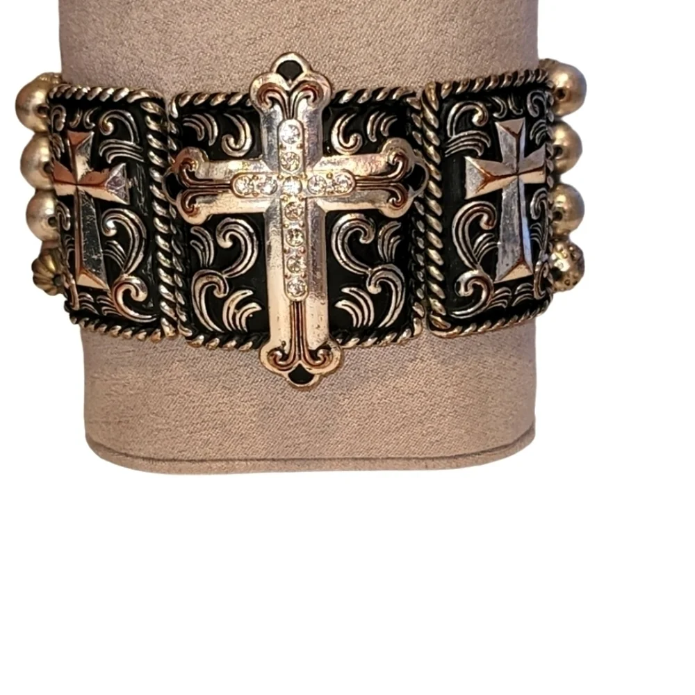 Cross Beaded Pearl Bracelet with Elastic Bands
